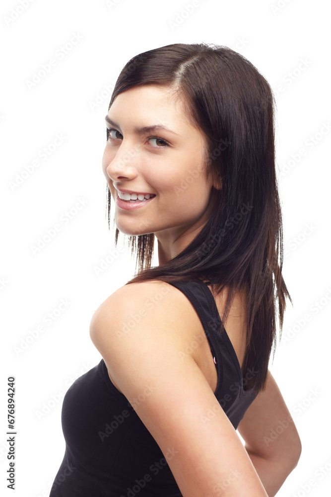 Happy young woman, face and portrait in fashion, style or clothing isolated against a white studio background. Attractive female person or model smile and posing in confidence, joy or natural beauty Happy young woman, face and portrait in fashion, style or clothing isolated against a white studio background. Attractive female person or model smile and posing in confidence, joy or natural beauty