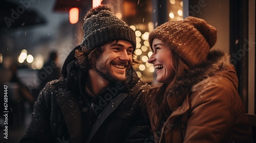 a young couple, dating, romantic, sharing a joyful moment, their faces close together, eyes locked with smiles, framed by the soft light of a winter evening and falling snow.
