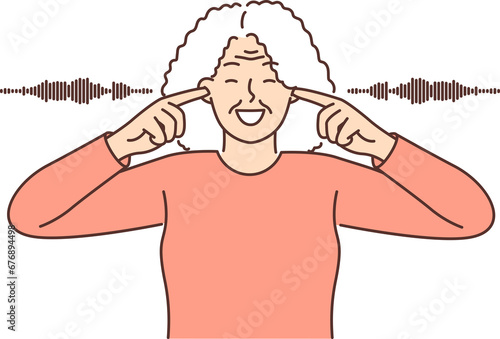 Photography Older woman covers ears and smiles ignoring surrounding noise or refusing to lis