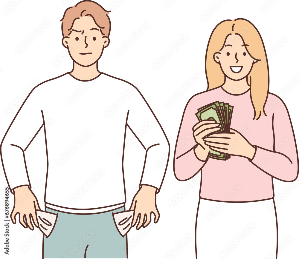 Rich woman and poor man symbolize social inequality due to lack of financial literacy Rich woman and poor man symbolize social inequality due to lack of financial literacy