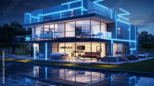 a futuristic 3D visualization of a high-tech smart home with automated features.