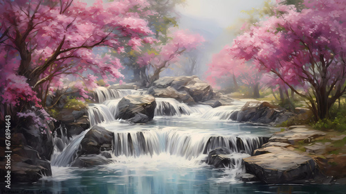 a waterfall with a waterfall surrounded by pink flowers and trees in the background
