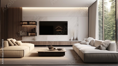 a realistic 3D rendering of a modern living room with a sleek, minimalist design. © MistoGraphy