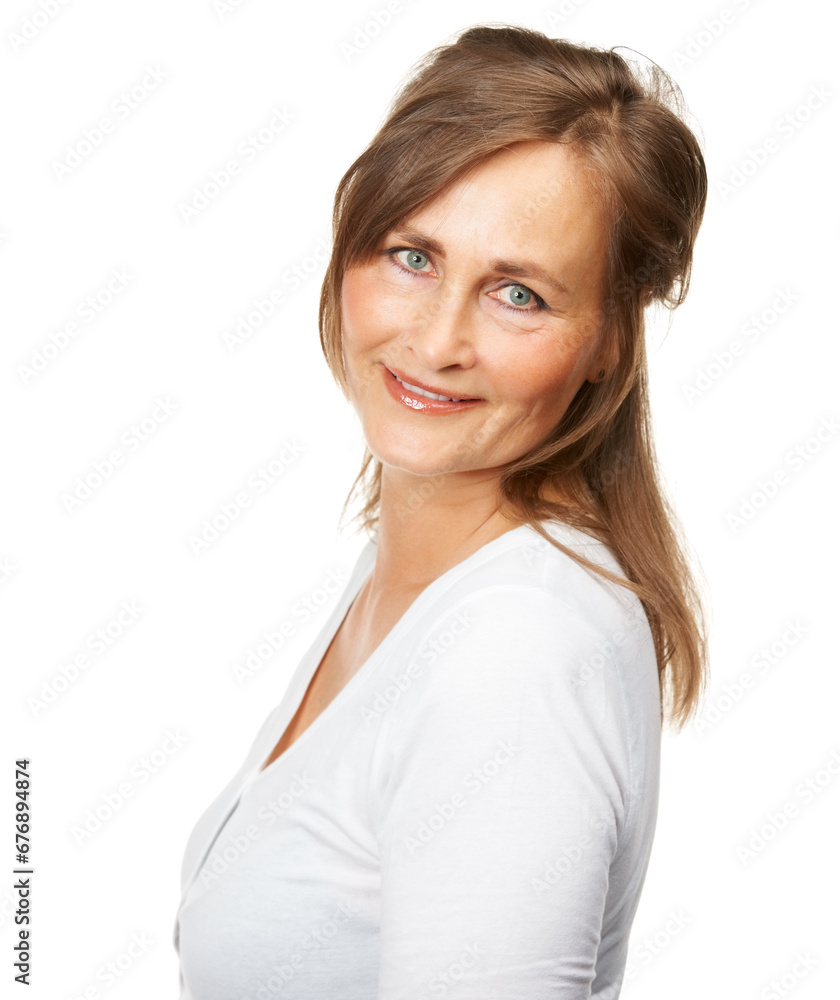 Confident, portrait and mature woman in a studio with positive, good and happy attitude. Smile, pride and female model from Canada with makeup, cosmetic or beauty face isolated by white background. Confident, portrait and mature woman in a studio with positive, good and happy attitude. Smile, pride and female model from Canada with makeup, cosmetic or beauty face isolated by white background.