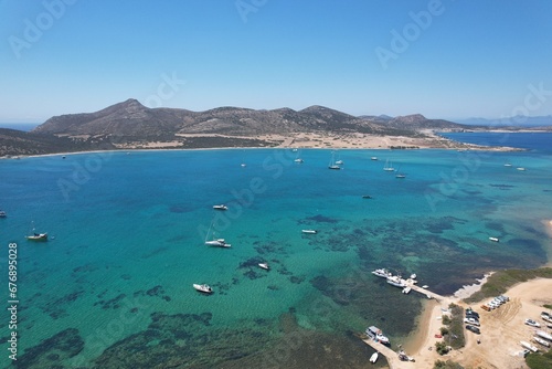 Aerial views from over the Greek Island of Antiparos, looking out towards the adjacent island of Despotiko