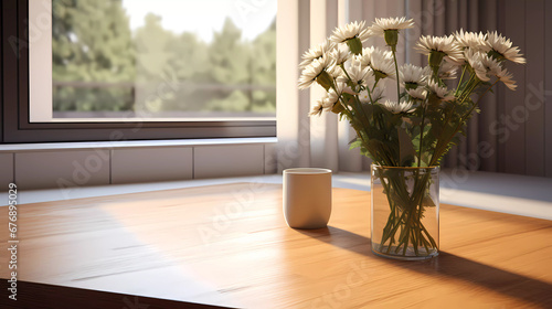 a wooden table top in a kitchen with a vase of flowers on the counter top and a vase of flowers on the counter