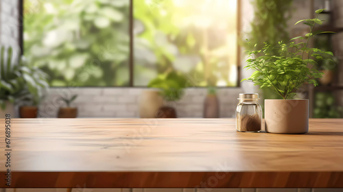 a wooden table top with a blurry background of a kitchen area in the background with a potted plant on the table