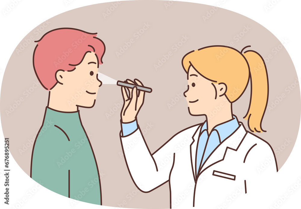 Female doctor examine male patient sight Female doctor examine male patient sight