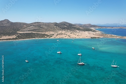 Aerial views from over the Greek Island of Antiparos, looking out towards the adjacent island of Despotiko