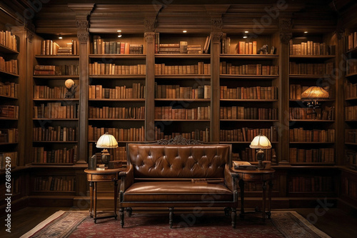 Luxurious library interior with antique furniture and bookshelves.