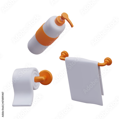 Set of accessories for bathroom. Bottle with dispenser, holder for toilet paper and towel in 3d style for bath. Vector illustration in orange colors with white background