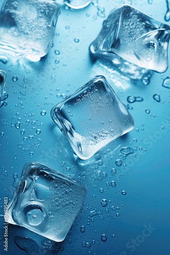 Ice cubes falling over light blue background. Generative Ai © ArtmediaworX