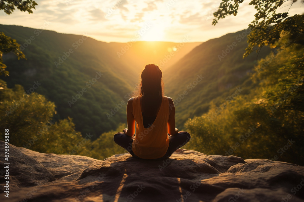Healthy lifestyle, states of mind concept. Woman meditating or making yoga in dense jungles and illuminated with sun light - obrazy, fototapety, plakaty 