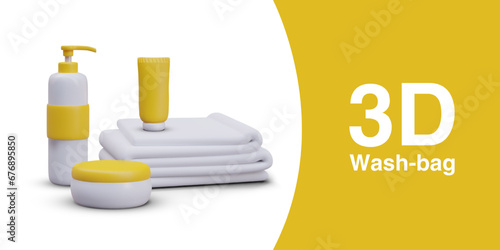 Set for washing. Travel kit. Realistic vector hygiene accessories. Containers with care cosmetics, white towel. Concept of modern cosmetic, wash bag. Mockup for design