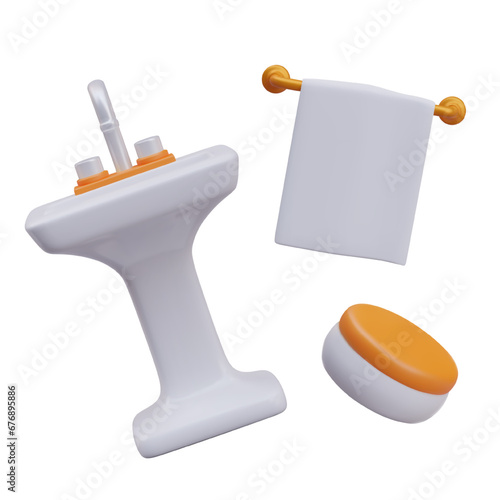 Realistic bathroom sink, white towel, round flat jar with cosmetic product. Accessories for hygiene, daily care. Isolated unlabeled images, mockup. Color vector set