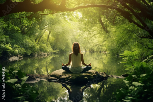 Healthy lifestyle  states of mind concept. Woman meditating or making yoga in dense jungles and illuminated with sun light