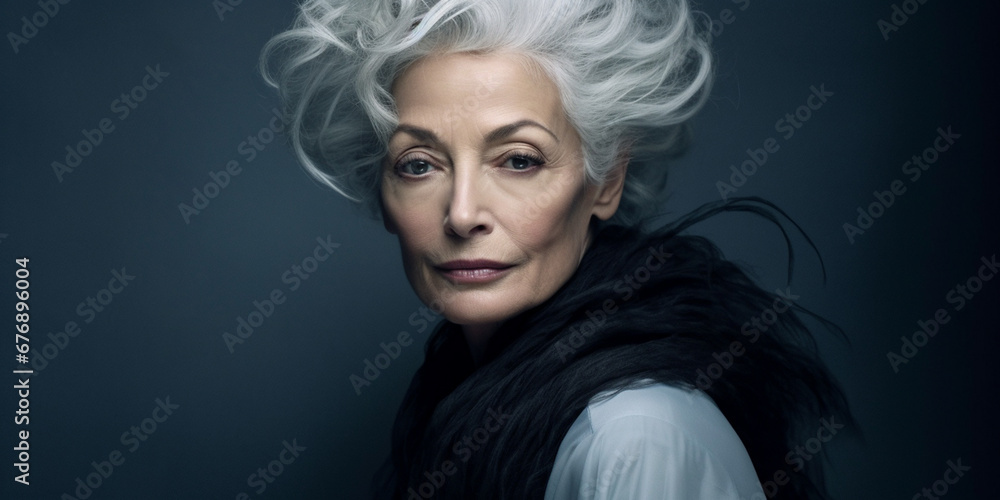 Radiant Caucasian Matriarch: Graceful Gray-Haired Beauty in Subdued Portrait, Evoking Cool Elegance against Gray Backdrop, AI generated Radiant Caucasian Matriarch: Graceful Gray-Haired Beauty in Subdued Portrait, Evoking Cool Elegance against Gray Backdrop, AI generated