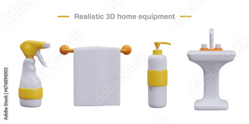 Realistic equipment for cleaning and hygienic procedures at home. Spray pistol, white towel on holder, pump bottle, washstand. Set of isolated images without labels, brands