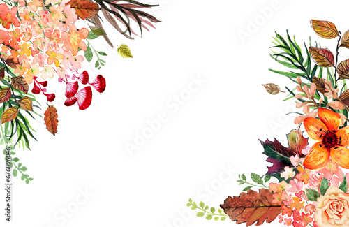 Cornice angolare autunnale con foglie e fiori. Illustrazione ad acquerello isolata photo
