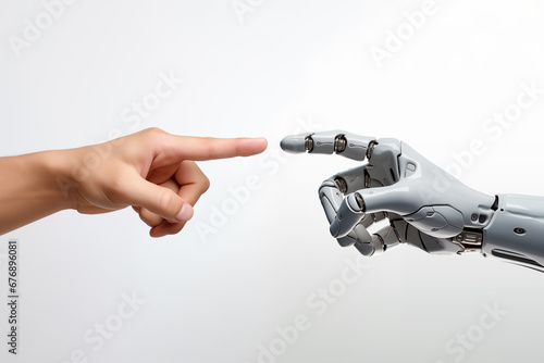 Robot hand making contact with human hand, technology robot AI meets human person on white background photo