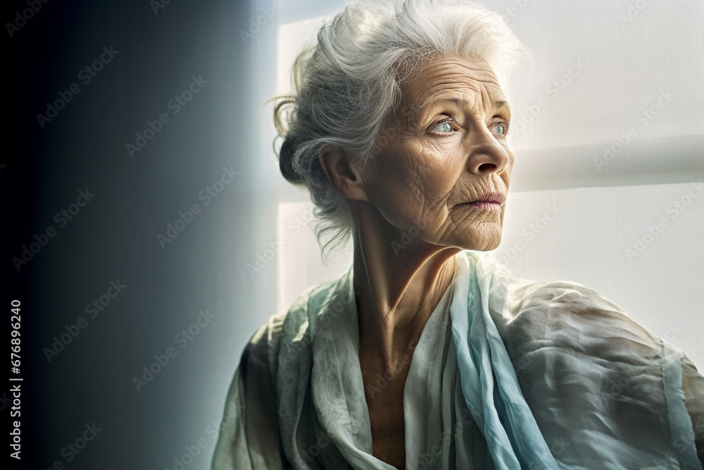 Radiant Caucasian Matriarch: Graceful Gray-Haired Beauty in Subdued Portrait, Evoking Cool Elegance against Gray Backdrop, AI generated Radiant Caucasian Matriarch: Graceful Gray-Haired Beauty in Subdued Portrait, Evoking Cool Elegance against Gray Backdrop, AI generated