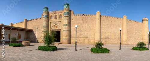 Panorama of the wall of the central entrance of the Besh Hovli complex (Nurillabay Khan Palace, XIX century). Khiva, Uzbekistan photo