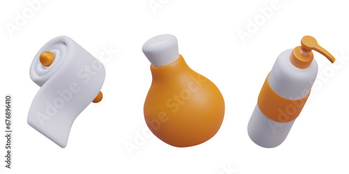Soft white paper on holder, jar with cork, bottle with dispenser. Vector set for packaging care cosmetics. Orange and white images, mockup. Cleansing, moisturizing, nutrition