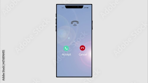 smartphone with a blue screen on a gray background and glare vibrates from an incoming call, accept and reject buttons, 4K HD video photo