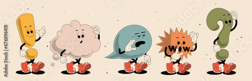 Various Speech Bubbles with face, hands, legs. Walking. Exclamation point, question mark , talking cloud,  wow sign. Retro cartoon style. Cute isolated characters speech bubbles. Vector illustration