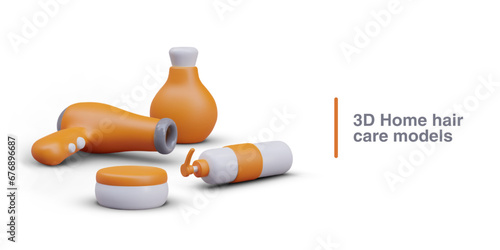Poster with realistic home hair care models. 3d jar with scrub, bottle with shampoo and hair balm in bottle with dispenser, hair dryer. Vector illustration in 3d style