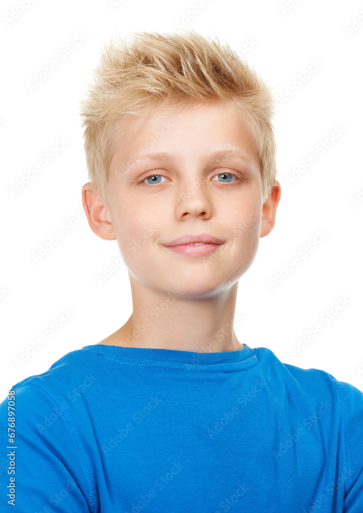 Boy, child and portrait with smile in studio for fashion, casual style or confidence on white background. Person, kid and face of teenager with happiness, pride and calm expression with trendy outfit Boy, child and portrait with smile in studio for fashion, casual style or confidence on white background. Person, kid and face of teenager with happiness, pride and calm expression with trendy outfit