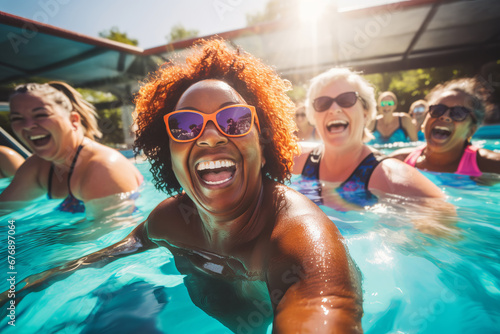 Multiracial Mature women having fun and doing water aerobics in pool photo