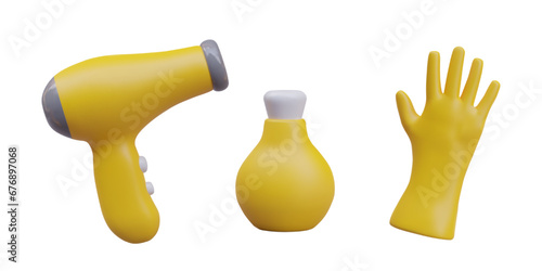 Collection with hair dryer, bottle with cosmetic product for hair and gloves. Hair care and hair coloring. Vector illustration in 3d style in yellow colors