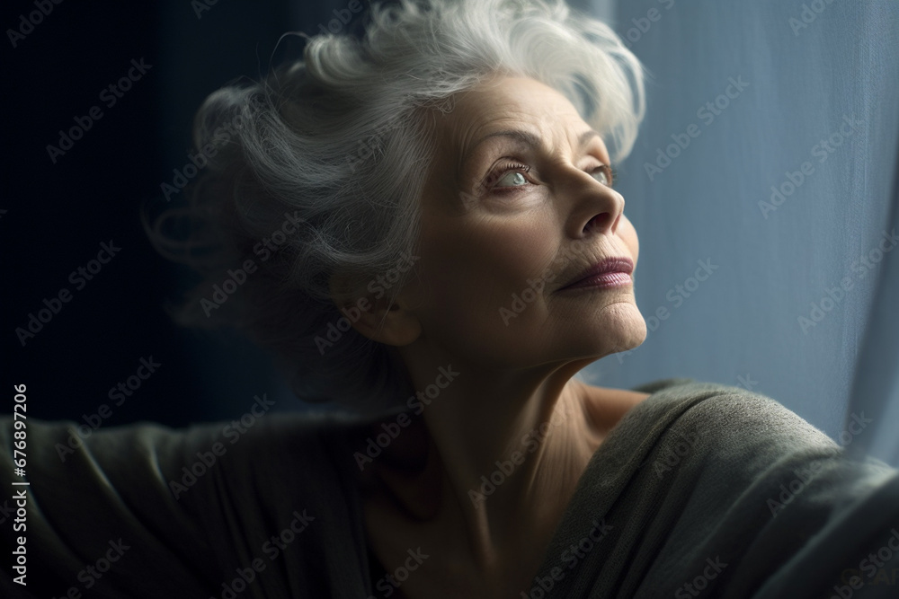 Radiant Caucasian Matriarch: Graceful Gray-Haired Beauty in Subdued Portrait, Evoking Cool Elegance against Gray Backdrop, AI generated