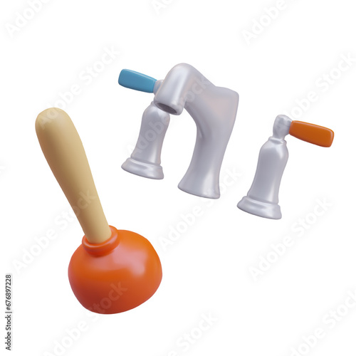 Chrome tap with water and plunger isolated on white background. Cold and hot water tap, water supply element. Home plumbing and cleaning concept. Vector illustration in 3d style