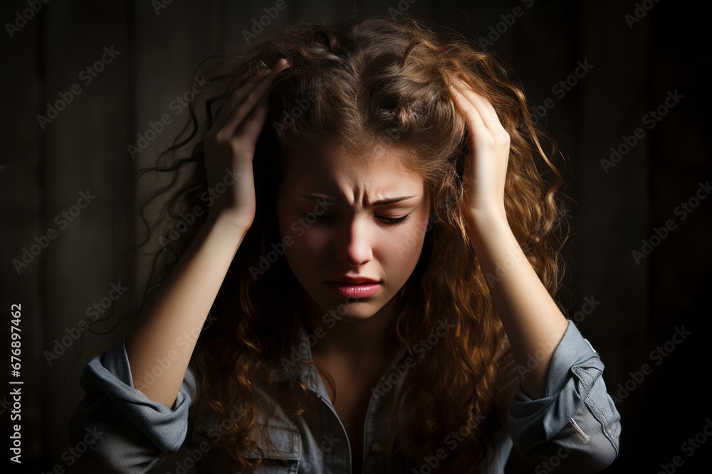 Stressed woman sitting in a well lit room, massaging her temples in discomfort and seeking relief Stressed woman sitting in a well lit room, massaging her temples in discomfort and seeking relief