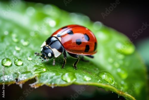 Close up of a ladybug walking along a leaf. raindrop on a leaf with ladybug. 