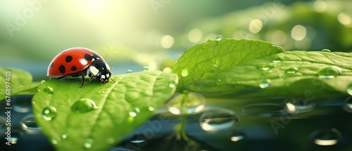 Close up of a ladybug walking along a leaf. raindrop on a leaf with ladybug.  © Gasi