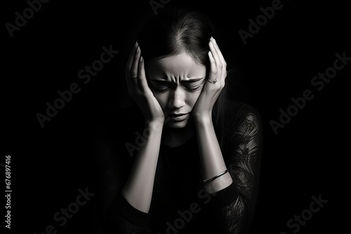 Stressed woman sitting in well lit room, massaging temples with discomfort on her face