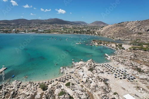 Aerial views from over Kolympethres Beach on the Greek Island of Paros. 