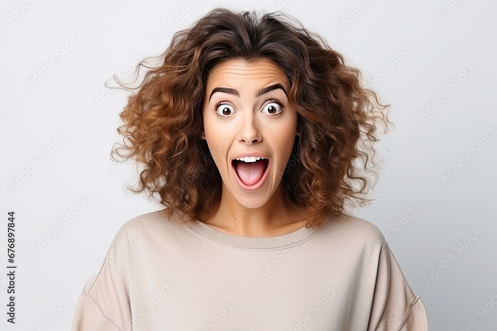 A girl on a white background shouts WOW. The concept of great joy and surprise. A girl on a white background shouts WOW. The concept of great joy and surprise.