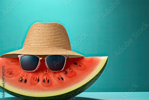 Watermelon wearing sunglasses and a straw hat on a blue pastel background.