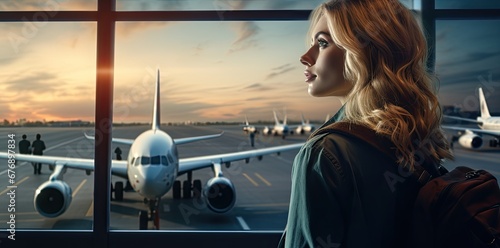 A girl at the airport window in the sunset looks at boarding for other flights. Generated by AI. photo