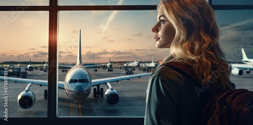 A girl at the airport window in the sunset looks at boarding for other flights. Generated by AI.