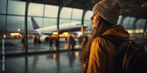 A girl in winter clothes is waiting for a flight at the airport. Generated by AI. photo