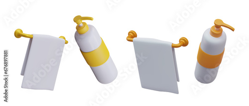 Handle towel and bottle with shampoo in different positions. Shampoo, gel for shower. Concept of taking bathroom. Vector illustration in 3d style in yellow and orange colors