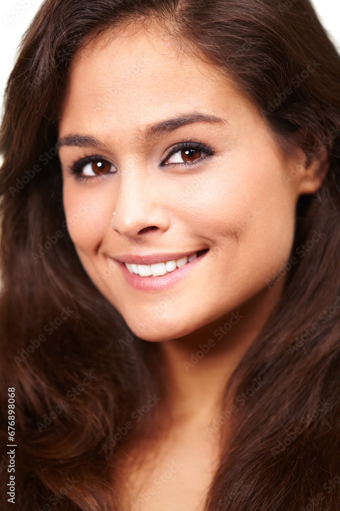 Woman, portrait and smile with beauty for skincare, cosmetics or dermatology with glowing skin and makeup. Person, face or happiness with wellness, hair care and facial treatment for shine or closeup Woman, portrait and smile with beauty for skincare, cosmetics or dermatology with glowing skin and makeup. Person, face or happiness with wellness, hair care and facial treatment for shine or closeup