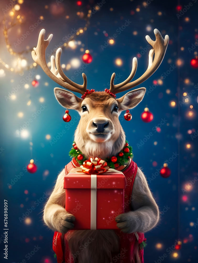 deer is holding a gift on Christmas eve. Generated by artificial intelligence.