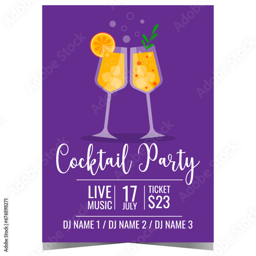 Cocktail party invitation poster with two glasses of sparkling drinks with bubbles on blue background. Vector banner or flyer for entertainment event with refreshing alcoholic drinks in night cub.