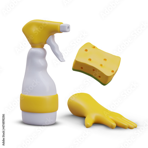 Plastic bottle spray gun, sponge, yellow rubber glove. Realistic vector composition on white background. Advertising cleaning business. Illustration for store of household chemicals